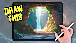 PROCREATE Landscape DRAWING Tutorial in Easy STEPS  Waterfall Cave [upl. by Eytak169]