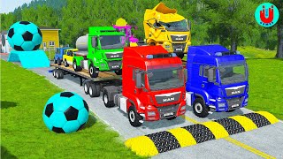 Double Flatbed Trailer Truck vs Speedbumps Train vs Cars  Tractor vs Train BeamngDrive 130 [upl. by Aerol]