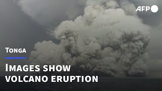 Tonga volcano images show moment of undersea eruption  AFP [upl. by Grodin254]