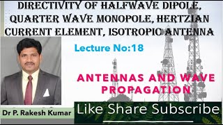 Directivity of Halfwave Dipole Quarter wave Monopole Hertzian Current element Isotropic Antenna [upl. by Lisetta]