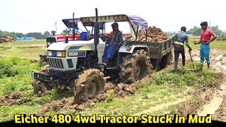 Eicher 480 4wd tractor load trolley stuck in mud  Help with Massey Ferguson 246 4wd tractor 💪 [upl. by Selrhc724]