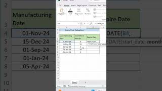 Expire Date calculation in Excel excelbasics exceltips excel shortsviral trending shortfeed [upl. by Cusick]