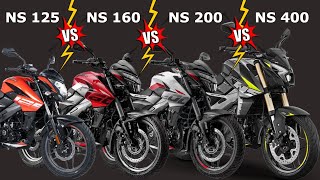 Bajaj Pulsar NS125 vs NS160 vs NS200 vs NS400 Comparison Video  Bajaj Pulsar NS Series Comparison [upl. by Eisaj]