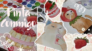 Painting strawberries 🍓Desserts and Cats using WatercolorPintando FresasPostres y Gatos 🐱 [upl. by Esmeralda741]