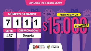 Premio Mayor  Lotería de Boyacá Sorteo 4540 CanalTelesantiago 05 de octubre 2024 [upl. by Kutzer]