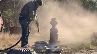 Sandblasting this antique cast iron water fountain [upl. by Inafets]