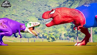 Red Spiderman Monster Rex Joker Albertosaurus SuperHero Venom Indominus Dinosaur Battle in JWE [upl. by Zuleika]