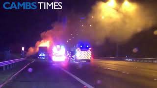 Lorry fire on the A1M J15 between Huntingdon and Peterborough [upl. by Acilef]