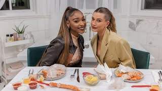 Normani amp Hailey Bieber eat crab legs amp play a game of Champagne Pong  WHOS IN MY BATHROOM [upl. by Stephine]