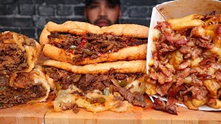 ASMR OG PHILLY CHEESESTEAK SANDWICH TRIPLE CHEESE PHILLY CHEESESTEAK AND BACON POUTINE REVIEW [upl. by Afira361]