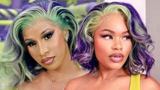 CARDI B  MEGAN THEE STALLION quotWAPquot WATCH ME RECREATE  2 TONE GREEN  PURPLE WIG  Arnellarmon [upl. by Shull]