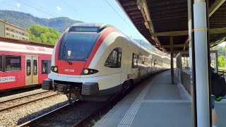 Arrivée dune rame Stadler RaBe 522 en gare de Moutier [upl. by Ahsiekyt]