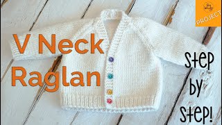 How to knit a Baby VNeck Raglan Cardigan step by step  Part 1 [upl. by Riatsala421]