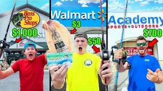 1v1v1 WALMART vs BASS PRO SHOP vs ACADEMY Fishing Challenge Rod Reel Lures [upl. by Arty]