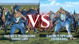 WARHAMMER III Total War  Saurus Warriors Shields VS Saurus Spears Shields [upl. by Aicilas]