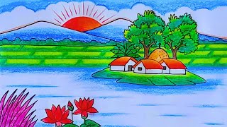 Prakitik Drisso Drawing  Simple Village Scenery Drawing  Easy Landscape Painting Step by Step [upl. by Elvina]