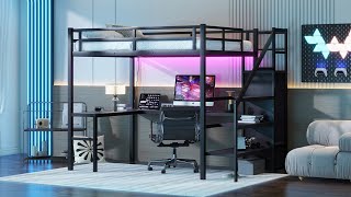 Loft Bed with Lshaped Desk and USB Metal Loft Bed with Wardrobe and Adjustable Shelf [upl. by Heyer509]