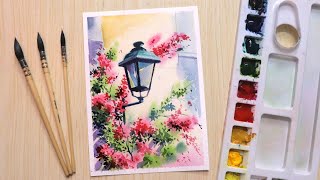 Watercolor painting for beginners beautiful flower and Lamp [upl. by Oicapot]