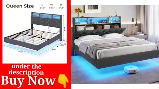 Floating Queen Bed Frame with Storage Headboard RGB LED Lights and Charging Station [upl. by Jodi259]