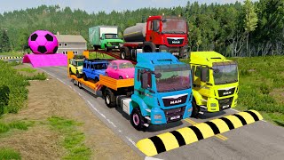 Double Flatbed Trailer Truck vs Speedbumps  Train vs Cars  Tractor vs Train  BeamNGDrive 198 [upl. by Lenoil]