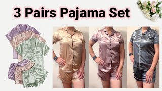 Womens 3 Set Satin Pajama Short Sleeve V Neck Collar Button Down Shirt Top with Shorts Sleepwear [upl. by Brendis]