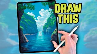 PROCREATE DRAWING Tutorial LANDSCAPE in Easy STEPS  Sea Cliffs [upl. by Reeher]