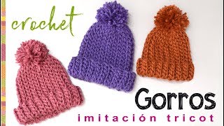 Gorros imitación quotpunto elásticoquot en 2 agujas pero tejido a CROCHET  Tejiendo Perú [upl. by Nalor]