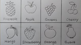 Different types of Fruits drawing easy How to draw 8 different types of FruitsFruits Chart drawing [upl. by Ahsikyw]