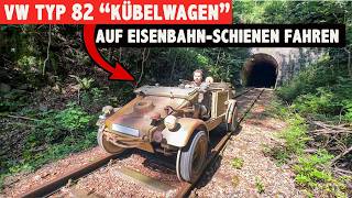 Wehrmacht Kübelwagen auf der Eisenbahnstrecke mit Auto über Schienen Typ 82 KlappspatenTV [upl. by Namyac]