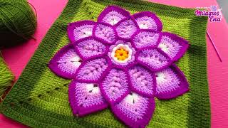 Como tejer el Cuadrado de colores N° 51 o muestra con flor en 3D a crochet para colchas y cojines [upl. by Susy]