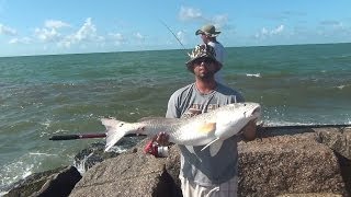 Salt Water Fishing 45quot Bull RedFish on the Jetties 46 [upl. by Fabriane]