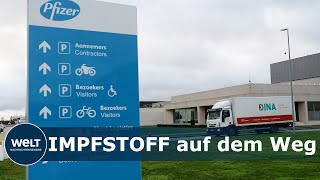 CORONAIMPFUNG BiontechPfizer Impfstoff auf dem Weg nach Deutschland [upl. by Romulus]