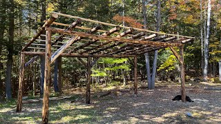 Adding the final roof pole and strapping the entire roof for the pole barn build [upl. by Ynahpit]