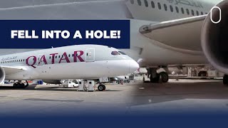 Qatar Airways Boeing 787 Falls Into Drain Hole Engine Damaged [upl. by Etnemelc485]