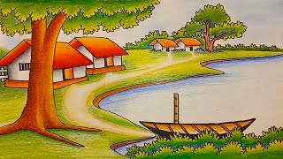 How to draw easy scenery drawing Indian village scenery drawing beautiful riverside village scenery [upl. by Mallin]