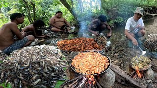 Surviving 12 Hours in Mid Jungle Wild Prawn Fish Hunting Catching and Cooking Survival Challenge [upl. by Mars]