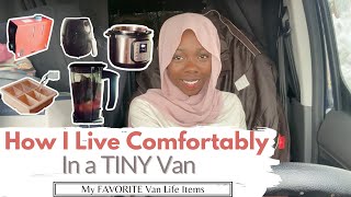 28 USEFUL Items for My Tiny Van Home  Living in a Van Full Time [upl. by Nabe842]