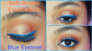 Soft Brown Eyeshadow  Bold Blue Eyeliner  Soft Glam Tutorial eyemakeup blueliner [upl. by Perreault261]