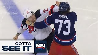 GOTTA SEE IT Rangers And Devils Engage In A Line Brawl Moments After Puck Drop [upl. by Hildebrandt613]