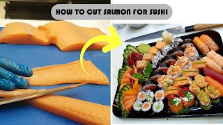 How to Cut Salmon for Sushi II How to Cut Salmon Sashimi II Cutting Salmon for Nigiri [upl. by Siahc]