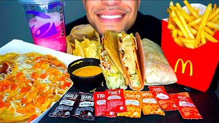 Taco Bell MUKBANG McDonalds Nacho CHEESE Fries Cinnamon Twist Burrito JerryEating Show Tacos Sounds [upl. by Ahseem]