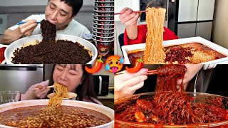 MUKBANGERS EATING THE LARGEST BOWL OF SPICY NOODLES🌶️🥵🔥🍜 [upl. by Tfat]