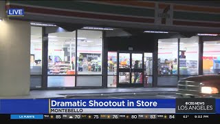 Dramatic footage shows shootout in Montebello 7Eleven Authorities searching for suspects [upl. by Tut163]