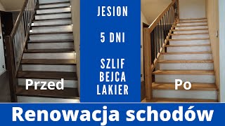 Renowacja schodów Zmiana koloru na schodach z jesionu Szlif bejca i lakierowanie schodów [upl. by Schaffer598]