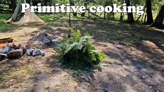 Primitive Cooking Firepit Cookingpit Cooking lichen dandelion cattail burdock wild parsnip [upl. by Sethrida]