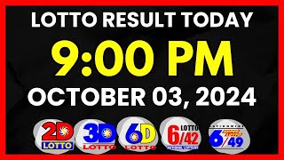 Lotto Result Today 9PM Draw October 3 2024  2D 3D Swertres 6D 642 649 PCSOlotto [upl. by Nnyllatsyrc]