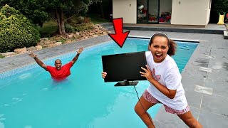 MY DADS TV IN OUR SWIMMING POOL PRANK [upl. by Averell]