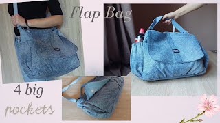 Two Straps Zipper Denim Flap Bag with 4 big pockets DIYMessenger Bag sewing tutorialCrossbodybag [upl. by Rhoda134]