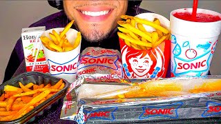 WENDYS VS SONIC DRIVE IN MUKBANG  EATING CHEESEBURGER HASH BROWNS CHEESY FRIES STRAWBERRY SLUSHIE [upl. by Aerona]