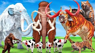 Woolly Mammoth vs Giant Tiger Bull vs Mastodon Bull Fight Cartoon Cow Elephant Save by Giant Mammoth [upl. by Vaish]